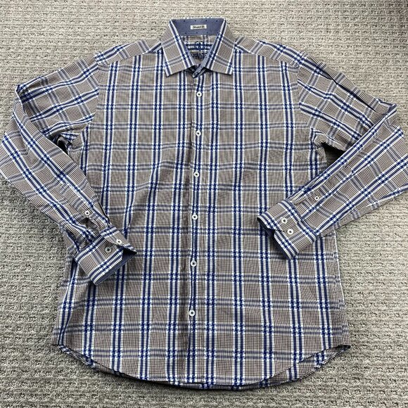 BUGATCHI UOMO Shirt Men Medium M Brown Blue Checkered Button Up Long Sleeve Polo - Picture 1 of 8